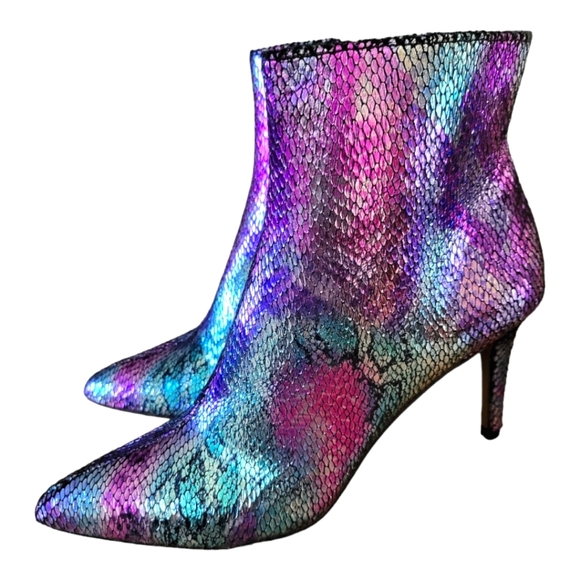 Betsey Johnson Shoes - Betsy Johnson Alba Iridescent Snake Embossed Pointy Toe Heeled Zip Booties 8.5